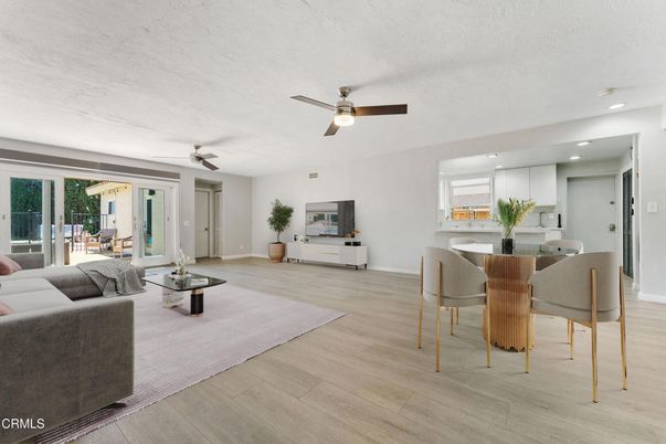 Dining room, Interior, Kitchen, Living room, Recessed Lighting, Wood Texture Flooring