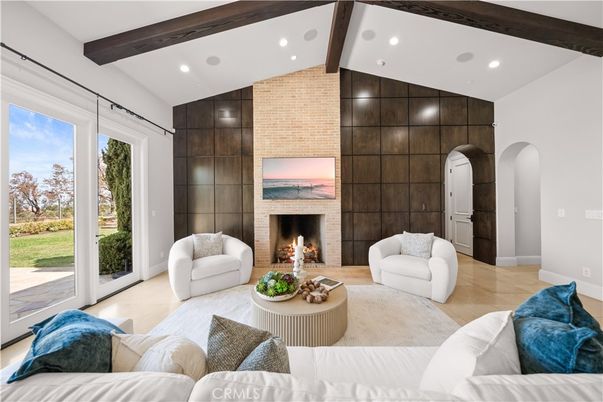 Fireplace, Interior, Living room, Recessed Lighting, Wooden Beams