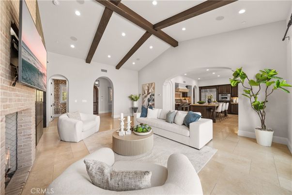 Dining room, Fireplace, Interior, Kitchen, Living room, Recessed Lighting, Stone Walls, Wooden Beams