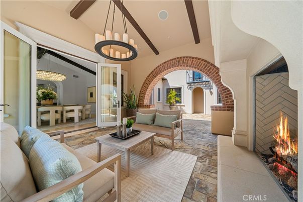 Dining room, Fireplace, Interior, Living room, Pendant Lights, Wooden Beams