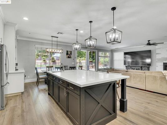 Dining room, Fireplace, Interior, Kitchen, Living room, Pendant Lights, Recessed Lighting, Wood Texture Flooring