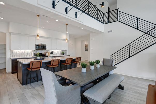 Dining room, Interior, Kitchen, Pendant Lights, Recessed Lighting, Stainless Steel Appliances, Wood Texture Flooring