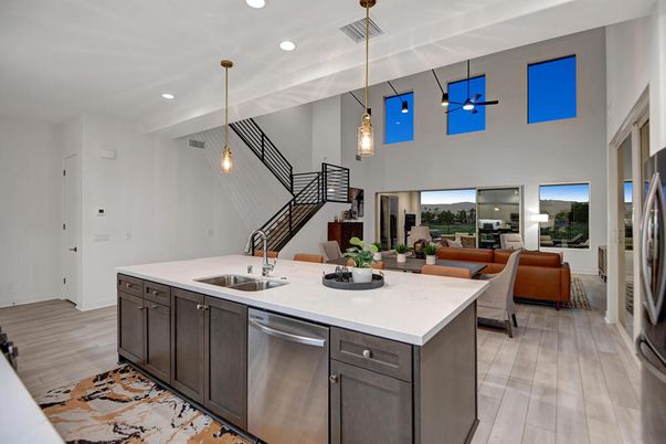 Dining room, Interior, Kitchen, Living room, Pendant Lights, Recessed Lighting, Stainless Steel Appliances, Wood Texture Flooring