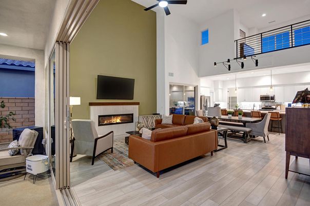 Dining room, Fireplace, Interior, Kitchen, Living room, Pendant Lights, Recessed Lighting, Stone Walls, Wood Texture Flooring