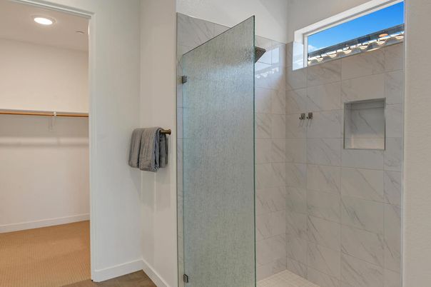 Bathroom, Glass Shower, Interior, Marble Walls, Recessed Lighting, Walk-in Closets