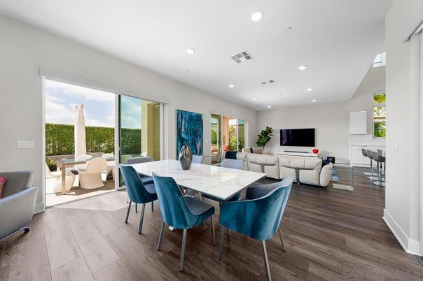 Dining room, Interior, Living room, Recessed Lighting, Wood Texture Flooring