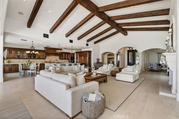 Chandelier, Dining room, Fireplace, Interior, Kitchen, Living room, Pendant Lights, Recessed Lighting, Wooden Beams