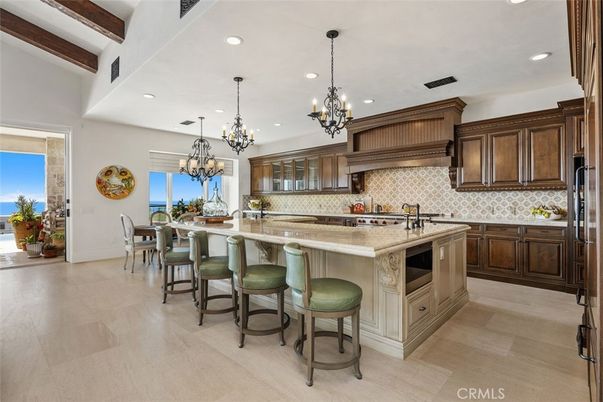 Chandelier, Dining room, Interior, Kitchen, Pendant Lights, Recessed Lighting, Water, Wooden Beams