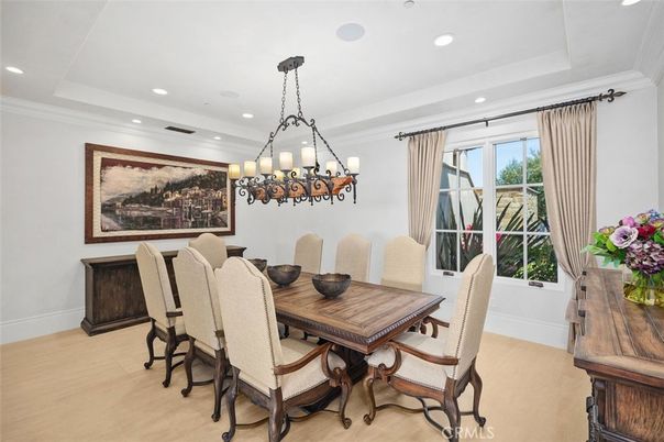 Chandelier, Dining room, Interior, Recessed Lighting, Wood Texture Flooring