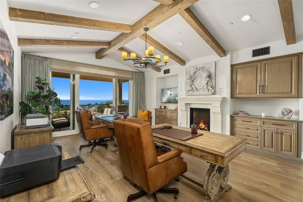 Chandelier, Fireplace, Home Office, Interior, Recessed Lighting, Water, Wooden Beams, Wood Texture Flooring
