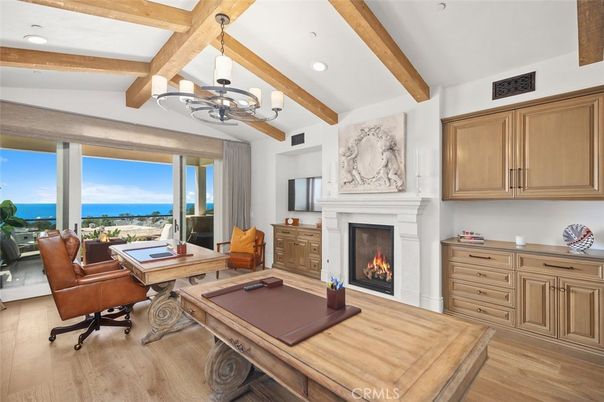 Chandelier, Fireplace, Home Office, Interior, Living room, Pendant Lights, Recessed Lighting, Water, Wooden Beams, Wood Texture Flooring