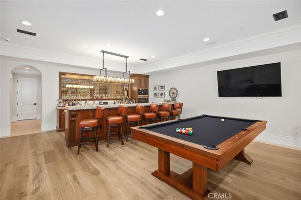 Billiard Table, Chandelier, Game Room, Interior, Pendant Lights, Recessed Lighting, Wood Texture Flooring
