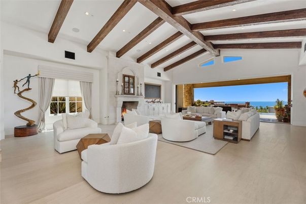 Fireplace, Interior, Living room, Recessed Lighting, Water, Wooden Beams, Wood Texture Flooring