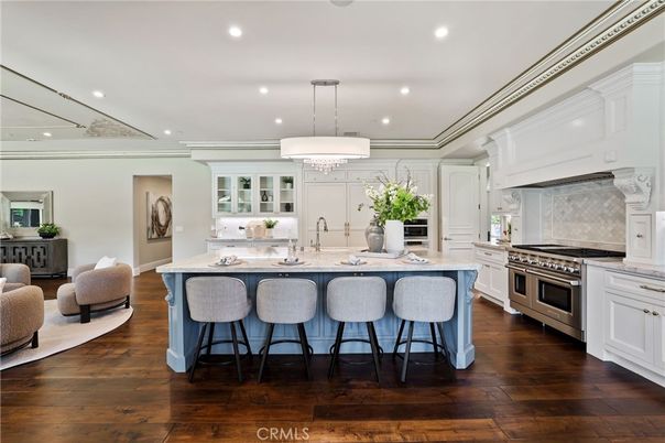 Chandelier, Interior, Kitchen, Pendant Lights, Recessed Lighting, Stainless Steel Appliances, Wood Texture Flooring