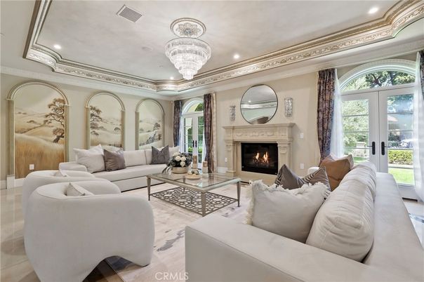 Chandelier, Fireplace, Interior, Living room, Recessed Lighting