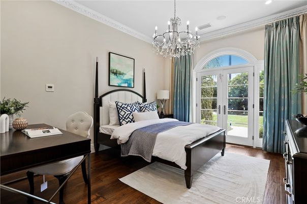 Bedroom, Chandelier, Interior, Recessed Lighting, Wood Texture Flooring