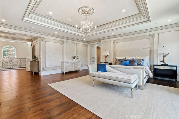 Bedroom, Chandelier, Interior, Recessed Lighting, Wood Texture Flooring