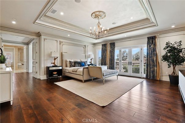 Bedroom, Chandelier, Interior, Recessed Lighting, Wood Texture Flooring