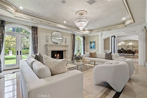 Chandelier, Dining room, Fireplace, Interior, Living room, Recessed Lighting
