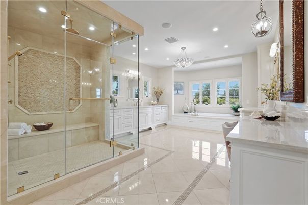 Bathroom, Chandelier, Dual Sink Vanities, Glass Shower, Interior, Recessed Lighting