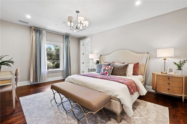 Bedroom, Chandelier, Interior, Recessed Lighting, Wood Texture Flooring