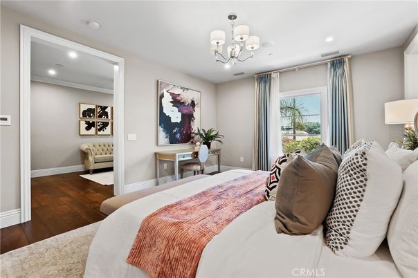 Bedroom, Chandelier, Interior, Recessed Lighting, Wood Texture Flooring