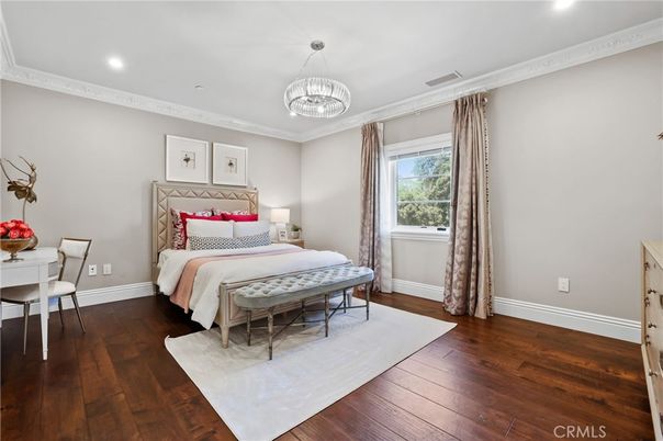 Bedroom, Chandelier, Interior, Recessed Lighting, Wood Texture Flooring