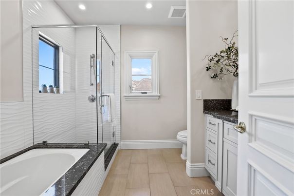 Bathroom, Glass Shower, Interior, Recessed Lighting, Wood Texture Flooring