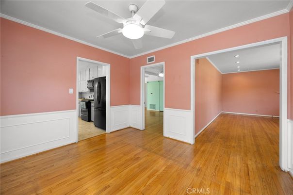 Empty room, Interior, Kitchen, Recessed Lighting, Wood Texture Flooring
