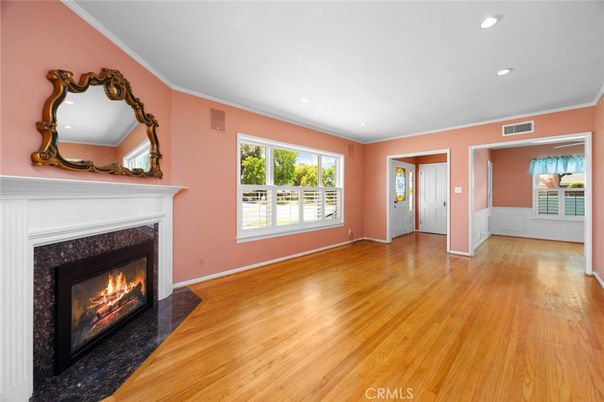 Empty room, Fireplace, Interior, Recessed Lighting, Wood Texture Flooring