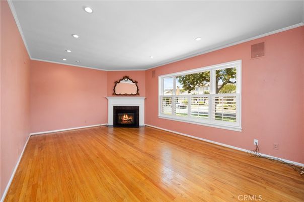 Empty room, Fireplace, Interior, Recessed Lighting, Wood Texture Flooring