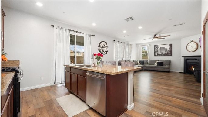 Fireplace, Interior, Kitchen, Living room, Recessed Lighting, Wood Texture Flooring