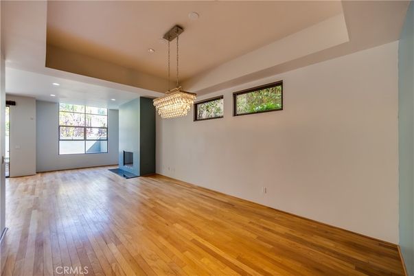 Chandelier, Empty room, Interior, Recessed Lighting, Wood Texture Flooring