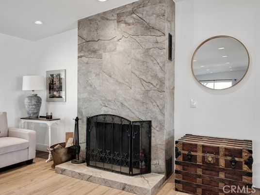 Fireplace, Interior, Recessed Lighting, Stone Walls, Wood Texture Flooring