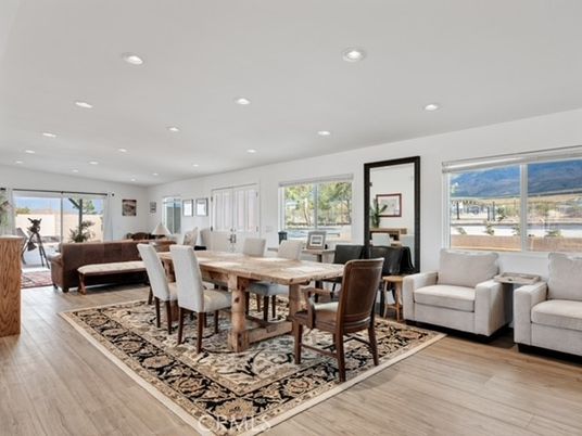 Dining room, Interior, Living room, Recessed Lighting, Wood Texture Flooring