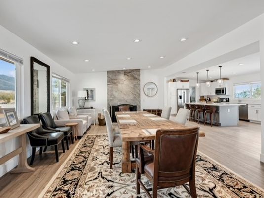 Dining room, Fireplace, Interior, Kitchen, Living room, Pendant Lights, Recessed Lighting, Stainless Steel Appliances, Stone Walls, Wood Texture Flooring