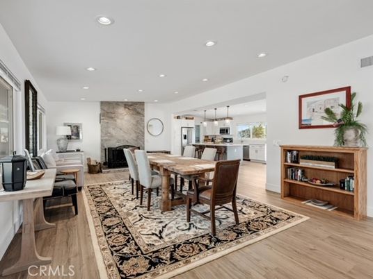 Dining room, Fireplace, Interior, Kitchen, Living room, Pendant Lights, Recessed Lighting, Stone Walls, Wood Texture Flooring