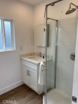 Bathroom, Glass Shower, Interior, Wood Texture Flooring