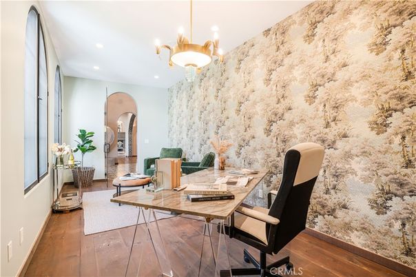 Chandelier, Home Office, Interior, Pendant Lights, Recessed Lighting, Wood Texture Flooring