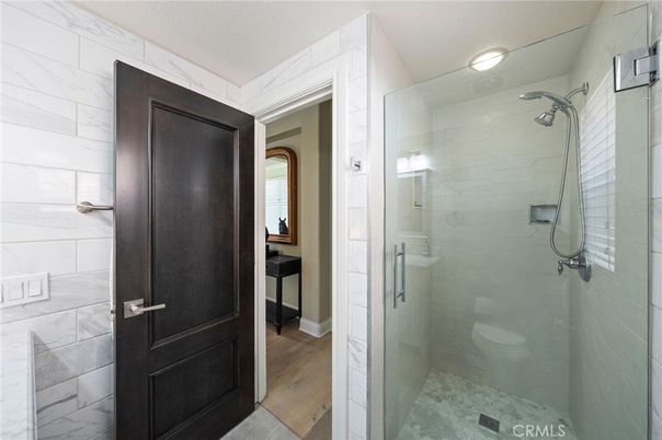 Bathroom, Glass Shower, Interior, Recessed Lighting, Wood Texture Flooring