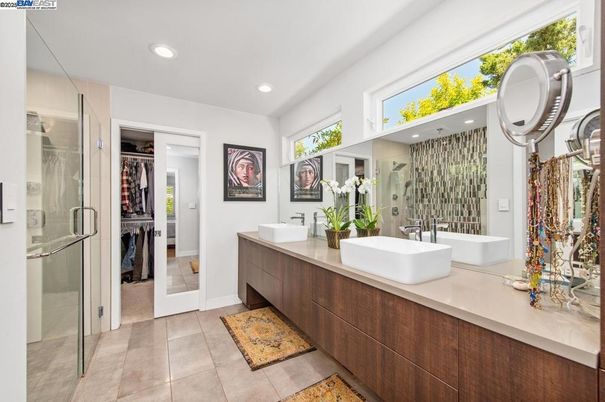 Bathroom, Dual Sink Vanities, Glass Shower, Interior, Recessed Lighting, Walk-in Closets