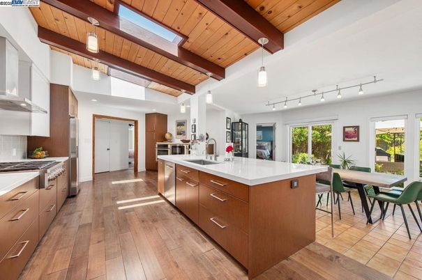 Interior, Kitchen, Pendant Lights, Stainless Steel Appliances, Wooden Beams, Wooden Ceilings, Wood Texture Flooring