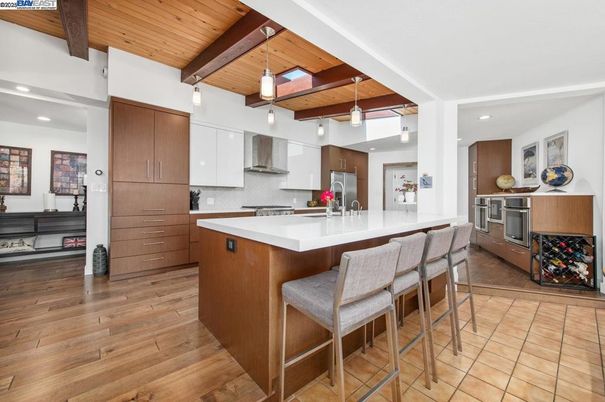 Interior, Kitchen, Pendant Lights, Recessed Lighting, Stainless Steel Appliances, Wooden Beams, Wooden Ceilings, Wood Texture Flooring