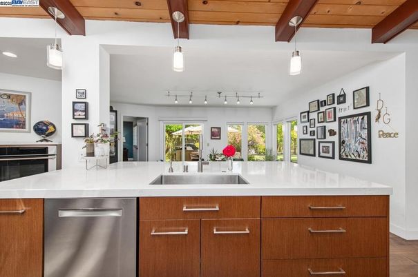Interior, Kitchen, Pendant Lights, Recessed Lighting, Stainless Steel Appliances, Wooden Beams, Wooden Ceilings