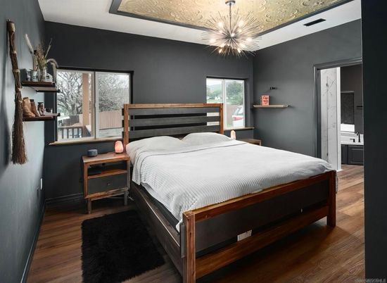 Bedroom, Interior, Pendant Lights, Wood Texture Flooring