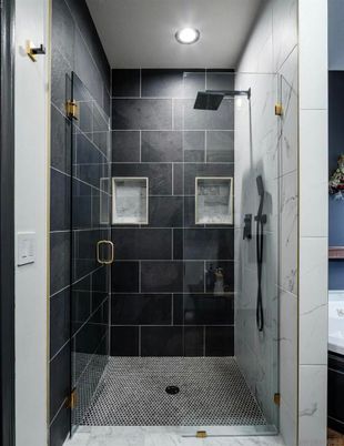 Bathroom, Glass Shower, Interior, Marble Walls, Recessed Lighting