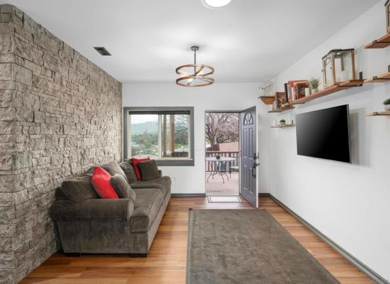 Interior, Living room, Pendant Lights, Stone Walls, Wood Texture Flooring