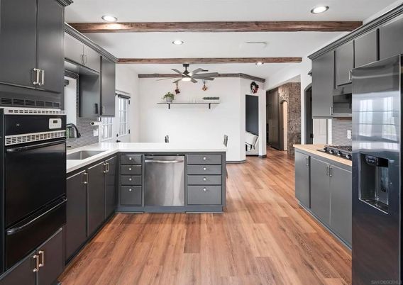 Interior, Kitchen, Recessed Lighting, Stainless Steel Appliances, Stone Walls, Wooden Beams, Wood Texture Flooring