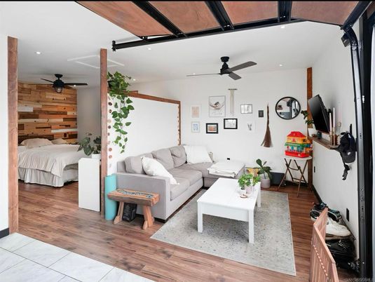 Bedroom, Interior, Living room, Recessed Lighting, Wood Texture Flooring, Wooden Walls
