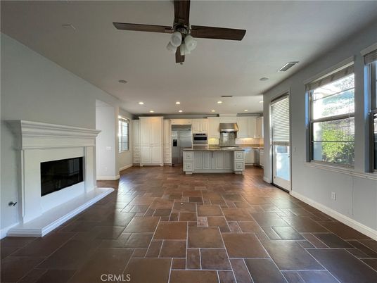 Fireplace, Interior, Kitchen, Recessed Lighting, Stainless Steel Appliances
